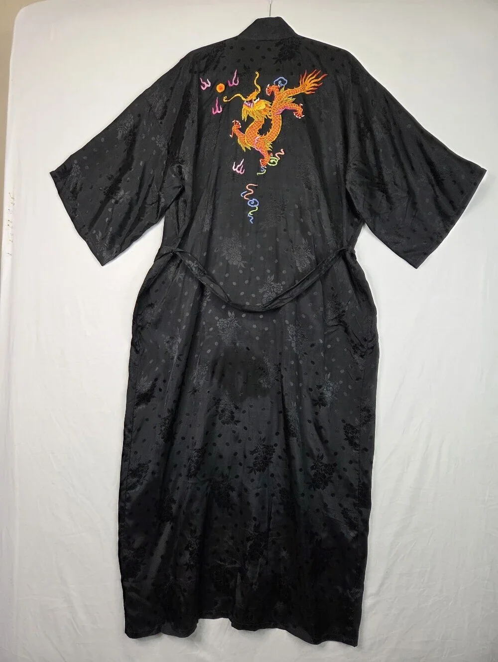 Golden Bee‎ Black Dragon Embroidered Rayon Kimono Robe Sz L Floral Jacquard Long